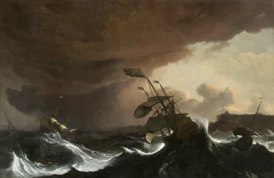 Navi in un mare tempestoso al largo di una costa, circa 1700-1705