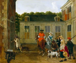 Festa di caccia nel cortile di una casa di campagna