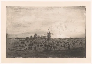 Paesaggio invernale olandese con mulini a vento e pattinatori