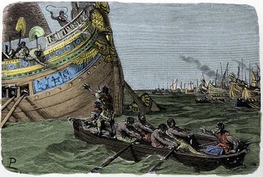 Marco Antonio si unisce a Cleopatra nella fuga dopo la sconfitta nella battaglia di Azio, illustrazione di Ludovico Pogliaghi da "Storia d