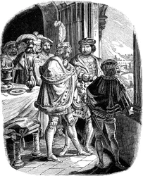 Federico I a pranzo nel Castello di Heidelberg 1462 Illustrazione dalla Geschichte des deutschen Volkes di E. Duller, 1840