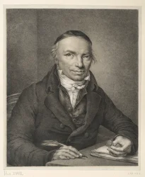 Johann Joachim Bellermann, ritratto a mezzo busto al tavolo, con un anello con sigillo in mano
