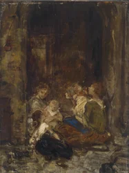 Madre con bambini, studio, firmato illeggibile, retrostante timbro di successione L. Knaus Nachlass