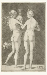 Due donne nude con teschio e clessidra