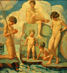 Cinque ragazzi sulle rocce