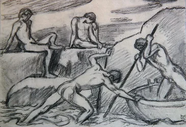 Barcaiolo nudo e giovani su una riva verde