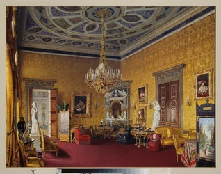 La sala Lyons (la sala gialla di disegno) del grande palazzo di Tsarkoye Selo (Russia)