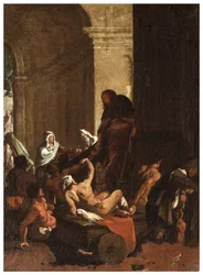 Transetto nord, Altare di San Rocco 1635, 45, Genovesino 1645, Distribuzione dei beni ai poveri, dipinto in basso a sinistra