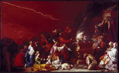 Scena di sacrificio. Personaggi biblici si raccolgono intorno a un altare. Un agnello giace ai piedi dell
