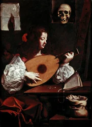 Il suonatore di liuto. Vicino allo spartito, due anelli sono posati, una spilla e un teschio (vanitas) è posto su un supporto. Dipinto di Luigi Miradori dit Il Genovesino. XVII secolo. Galleria di Palazzo Rosso, Genova
