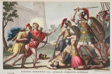 Paride uccide Achille o Paride diretto da Apollo ferisce Achille, Libro XIII, illustrazione dalle Metamorfosi di Ovidio, Firenze, 1832 (incisione colorata a mano)
