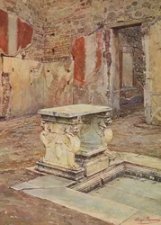 Pompei: Vicolo del balcone pensile, casa con impluvium e mensa in marmo (litografia a colori)