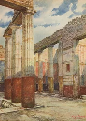 Pompei: Casa patrizia, Atrio colonnato (litografia a colori)