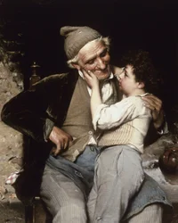 Il Nipotino Preterito. Un bambino tocca il volto del nonno, che sorride e lo guarda con tenerezza. Dipinto di Luigi Bechi (1830-1919). Olio su tela. Collezione privata.