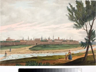 Veduta di una città murata, probabilmente Lucca in Toscana