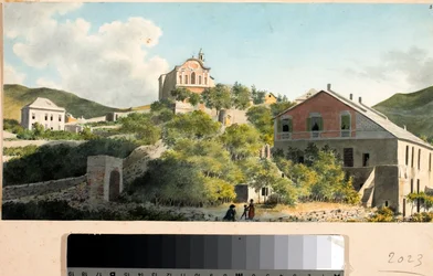Veduta della collina e della chiesa di Oregina, Genova