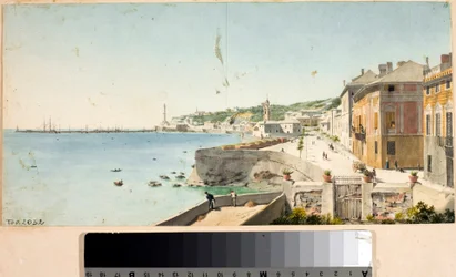 Veduta del porto di Genova con la Lanterna, i bastioni e la chiesa di San Teodoro