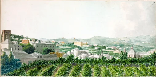 Veduta della città di Genova con il campanile di Santo Stefano