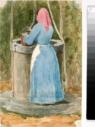 Donna del popolo che attinge acqua dal pozzo