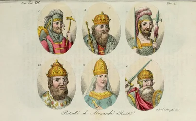 1. Rurik 2. Igor di Kiev 3. Olga 4. Sviatoslav 5. Vladimir il Grande 14. Ivan IV da Il costume antico di Giulio Ferrario