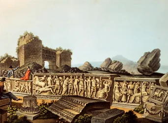 Turchia, Efeso, Visitatori europei che osservano rilievi in marmo, di Luigi Mayer, Incisione