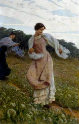 "Brezza". Due donne in un campo giocano e si godono il loro calore, che soffia nel vento. Dipinto di Luigi Rossi (1853-1923), 1910-1912 circa. Olio su tela. Collezione privata.