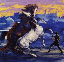 Delacroix vide due stalloni selvaggi che combattevano e, incurante del rischio, disegnò la scena (litografia a colori)