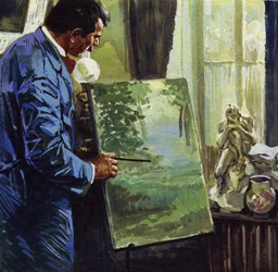 Ispirato dagli impressionisti, Gauguin diventa un pittore dilettante (litografia a colori)