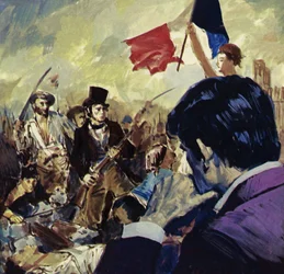 La Rivoluzione francese ispirò Eugene Delacroix a dipingere La libertà che guida il popolo francese (litografia a colori)