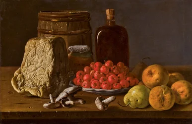 Natura morta con un piatto di azzeruoli, frutta, funghi, formaggio e recipienti