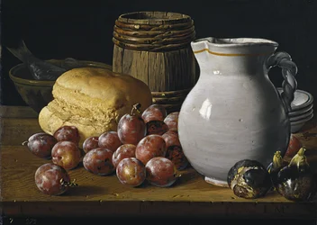 Natura morta con prugne, fichi, pane e brocca