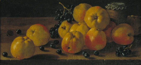 Natura morta con mele, uva e marmellata