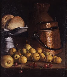 Natura morta con frutta e utensili da cucina
