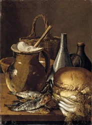 Natura morta con aringhe, erba cipollina, aglio e utensili da cucina