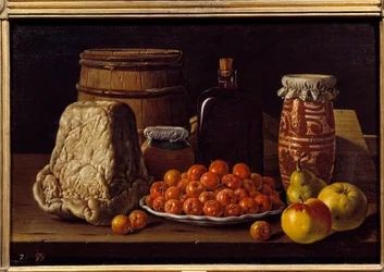 Formaggio, frutta e recipiente