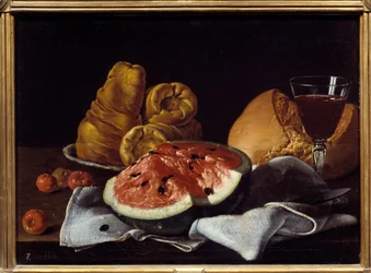 Anguria, pane, torta e coppa di vino.