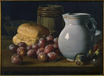 Natura morta con prugne, fichi, pane, barili, brocca e altri recipienti
