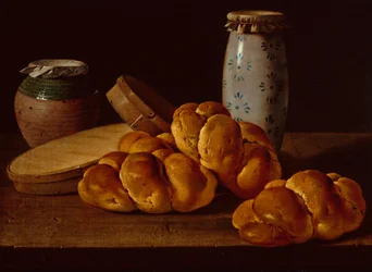 Natura morta con pane, due scatole dolci, un vaso di miele e un barattolo di ceramica