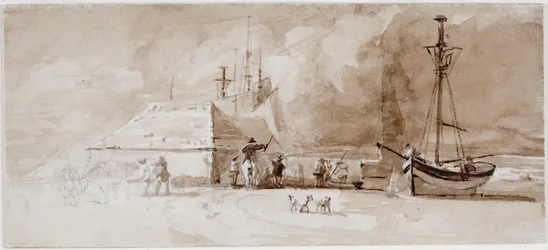 Scena di spiaggia con cavalieri