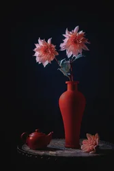 Dalie rosa, vaso rosso