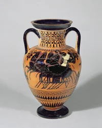 Anfora attica a figure nere che raffigura un carro a ruote, 520-500 a.C.