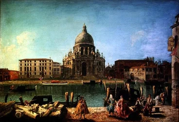 S. Maria della Salute dal Rio de San Moise, Venezia, con nobili e gondolieri in primo piano