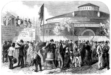 Arruolamento di emigranti irlandesi e tedeschi alla Battery, New York, USA