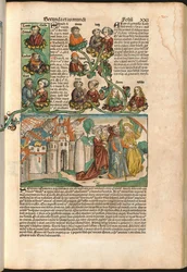 Albero genealogico di Laban, dal Nuremberg Chronicle di Hartmann Schedel (1440-1514) stampato nel 1493