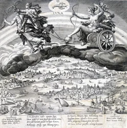 Luna: allegoria della Luna (Diana) e dello Scorpione che è sotto la sua influenza (segno dello Zodiaco) - incisione di Maaerten de Vos (Martin de Vos, Marten de Vos) (1532-1603), n.d.