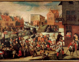 I mendicanti (una folla di poveri e infermi in una città, dipinto di Martin van Cleve, XVI secolo, Troyes, Musee des Beaux Arts)