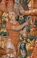 Museo Diocesano. Serie Storia di Gedeone. Gli israeliti consegnano a Gedeone la loro parte del bottino. Seta e lana. Donazione del Vescovo Vicente Roca de la Serna