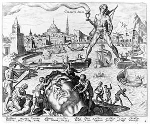 Il Colosso di Rodi, tavola 4 da Le Otto Meraviglie del Mondo, inc. Philips Galle, 1572