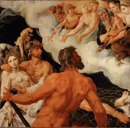 Vulcano cattura Venere e Marte in una rete e li mostra agli dei ridenti (dipinto su legno di quercia)