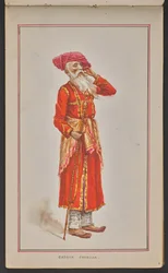 Anziano funzionario di corte del durbar di Kolhapur, vestito con un mantello rosso e un turbante rosa (acquerello su carta)